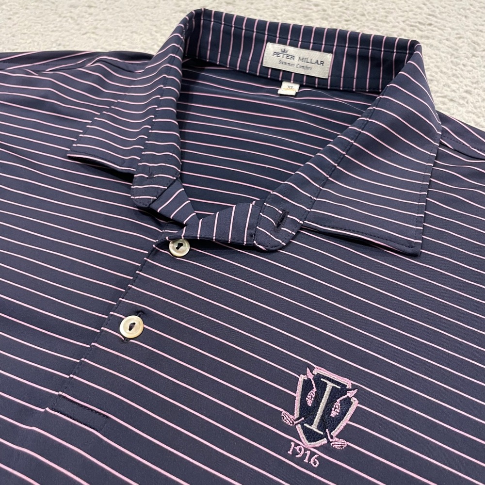Peter Millar Summer Comfort Polo Shirt Men XL Navy Pink Striped Golf Course Logo
